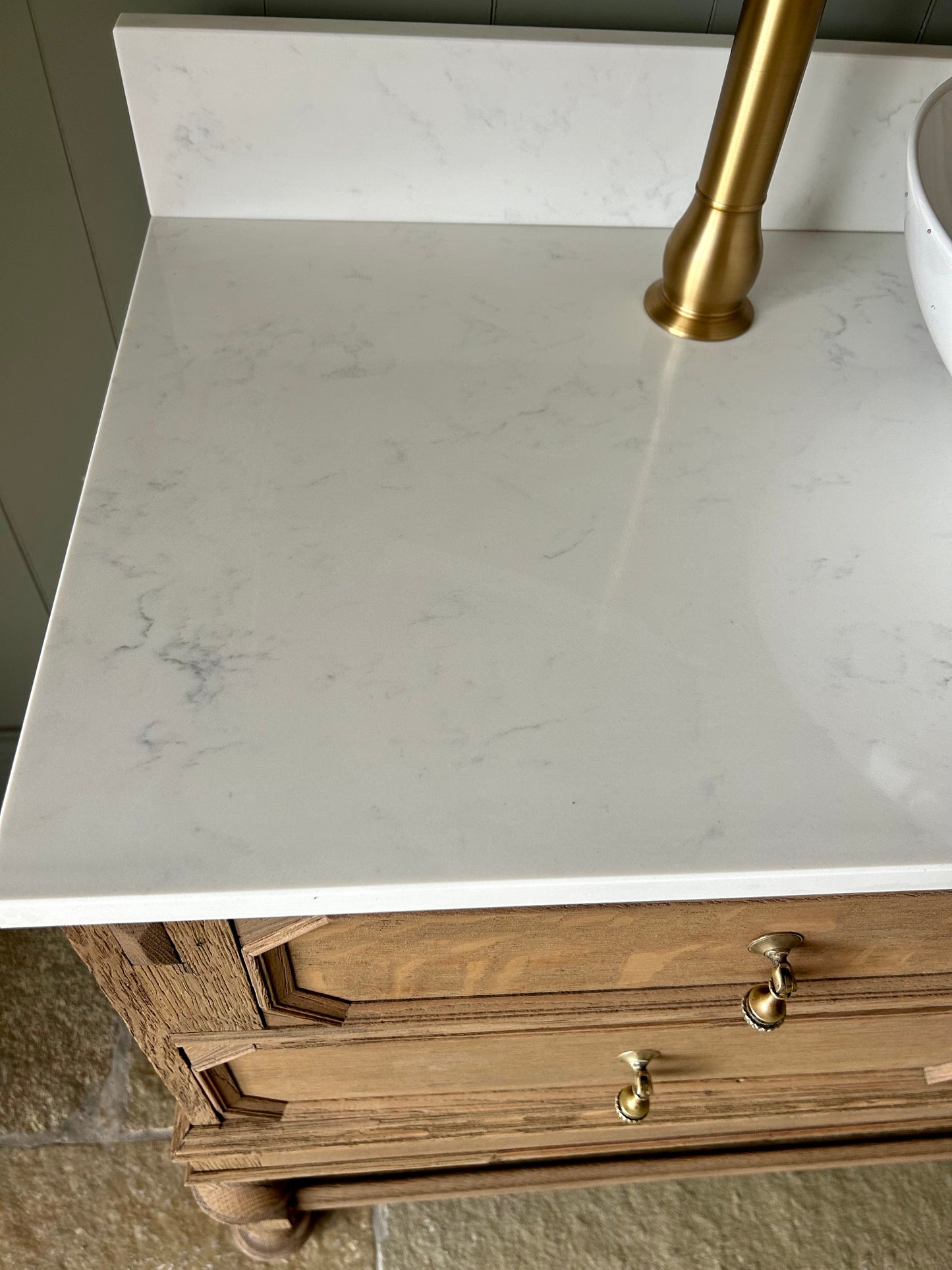 Solid Oak Vanity Sink in Warm Oak, quartz top, Upstand and Basin