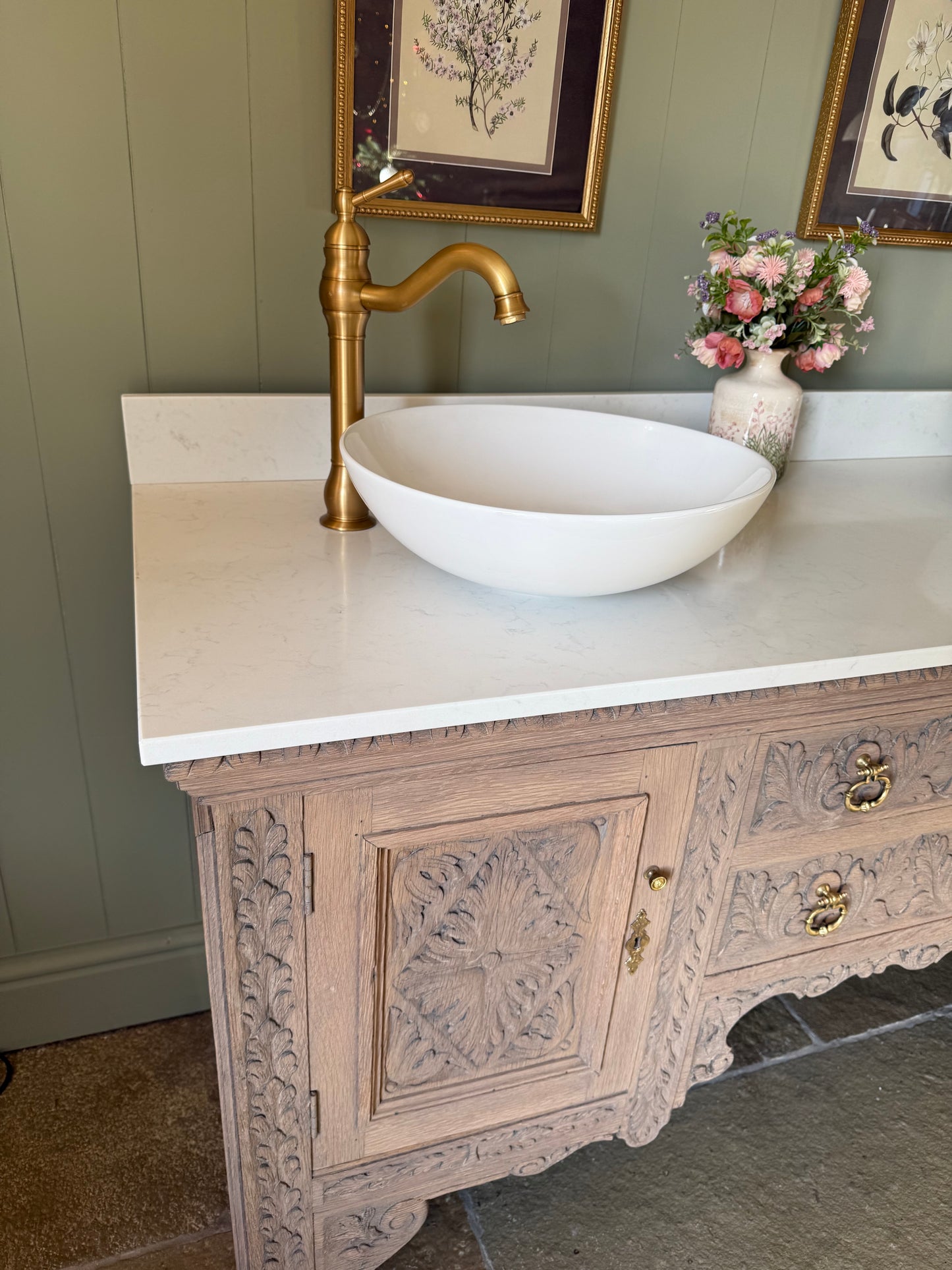 Large Pretty Antique Carved Oak vanity Sink, Carrara Quartz top, Upstand and two basins (154cm wide)