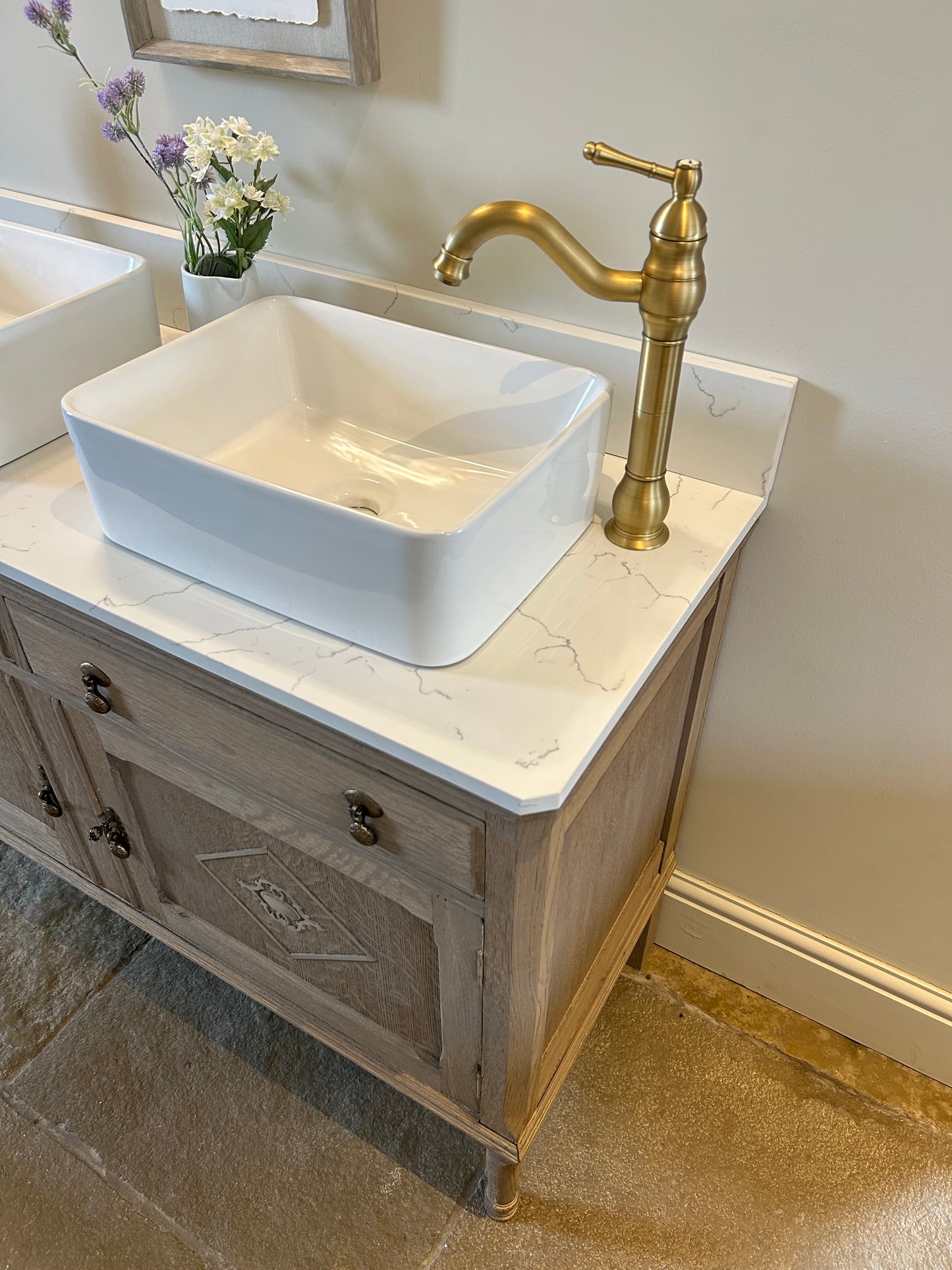 Vintage Double Vanity Sink. Solid Weathered Oak. Quartz/Marble top with Upstand.