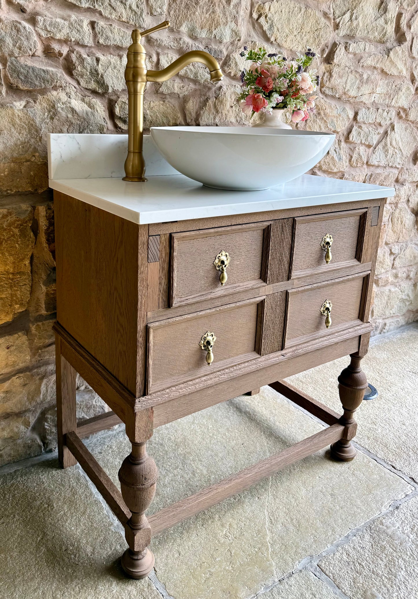Small Vintage Oak Vanity Sink Unit, Carrara Quartz Top, Upstand and basin (71cm wide)