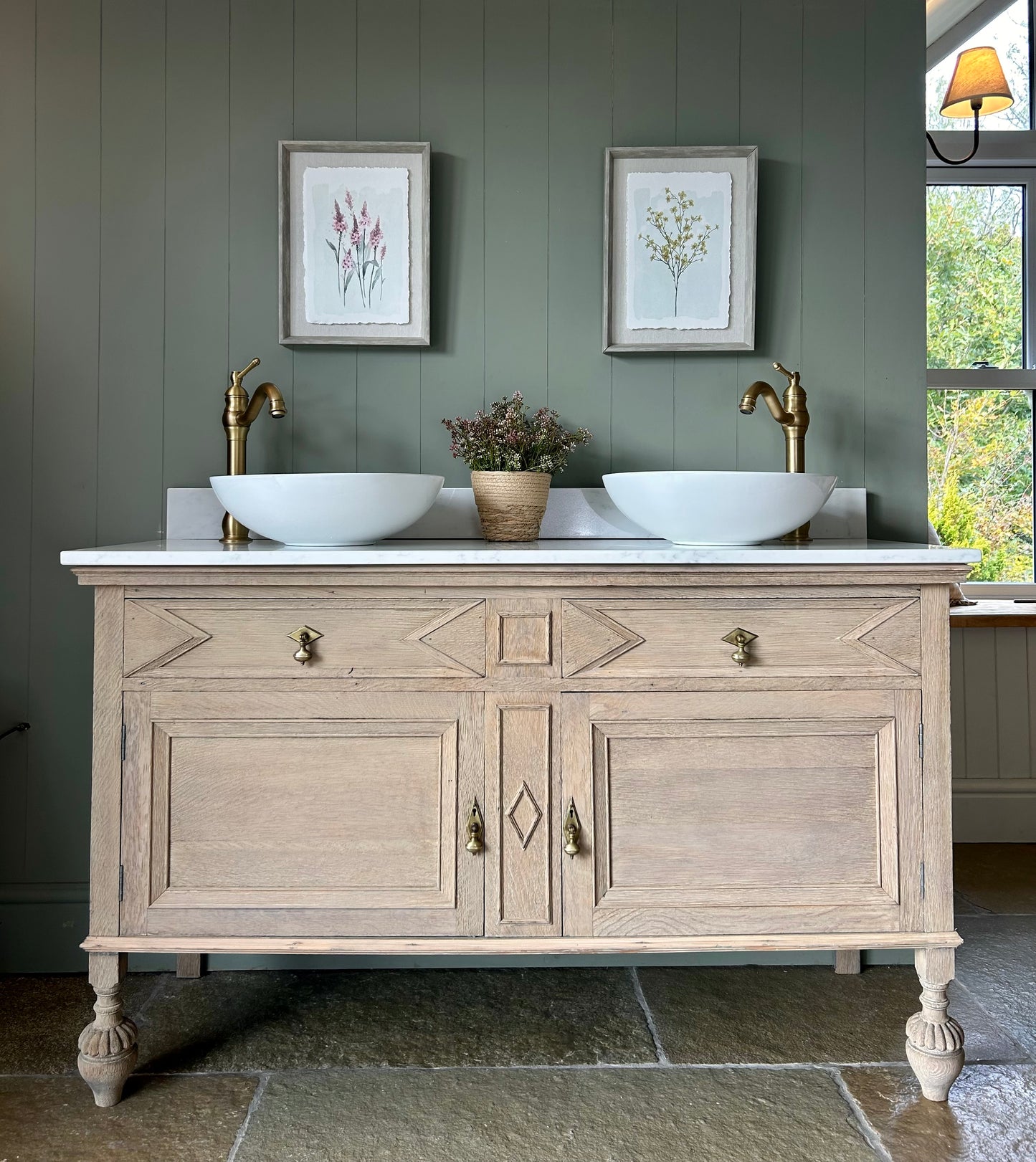 Large Quartz/Marble Rustic Solid Oak Vanity Sink finished in a light Weathered Oak (140cm wide)