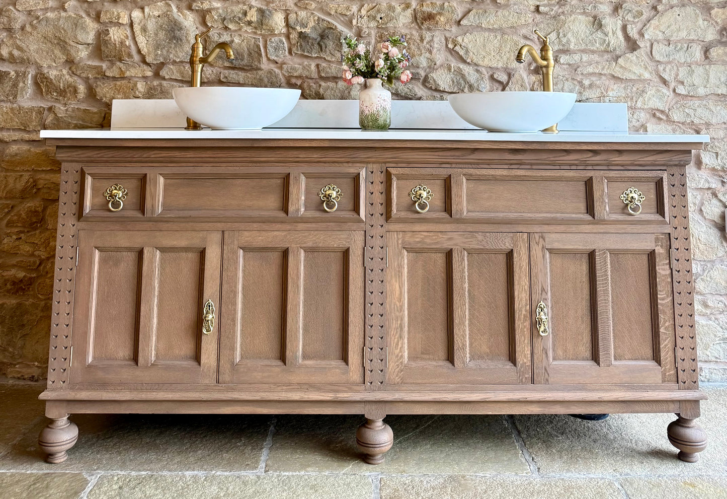 Large Solid Oak Double Vanity Sink Unit, Quartz Top, Upstand and Two Basins (185cm wide)