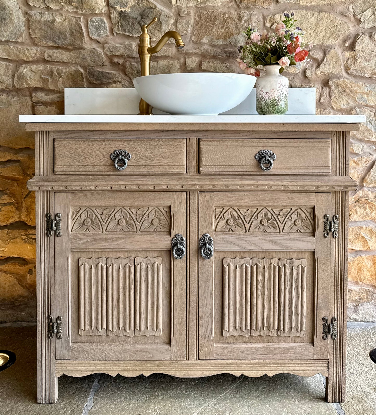 Vintage Oak Vanity Sink, Carrara Quartz top, Upstand and basin. (95cm wide)