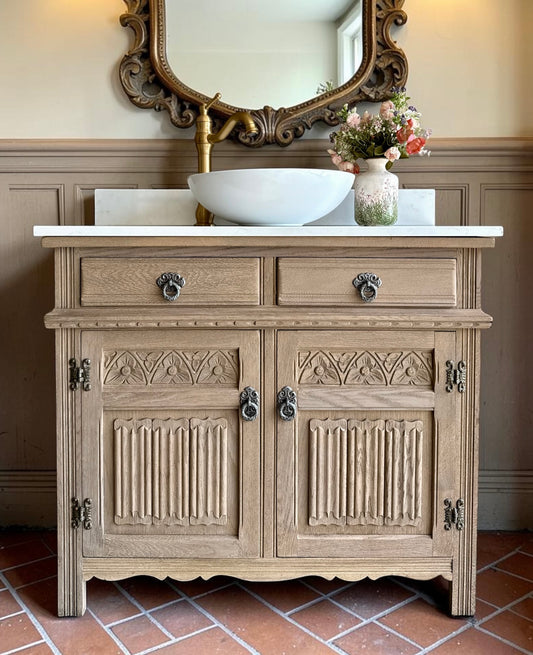 Vintage Oak Vanity Sink, Carrara Quartz top, Upstand and basin. (95cm wide)