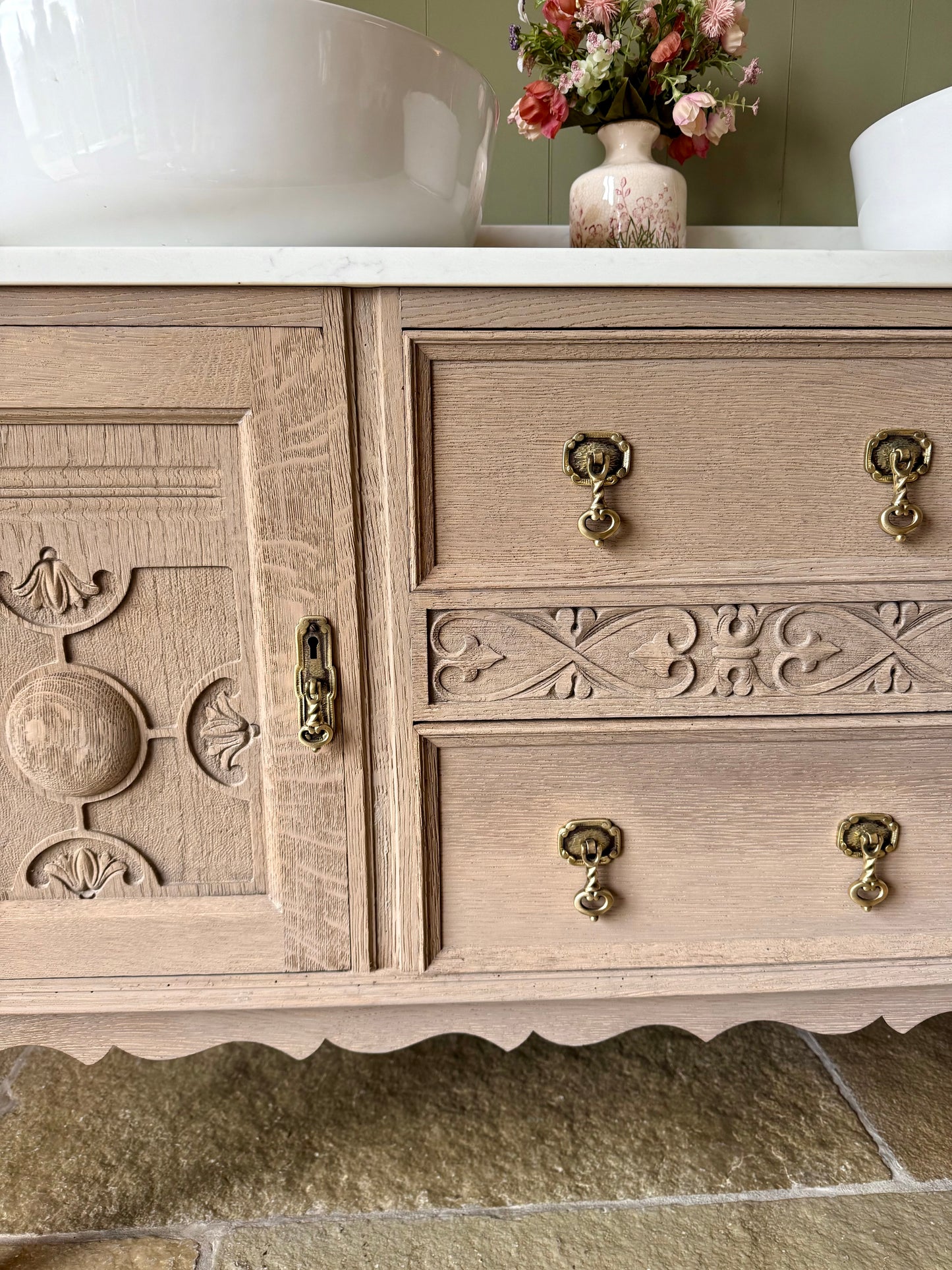 Vintage Solid Oak Double Vanity Sink, Carrara Quartz top and two basins. (137cm wide)