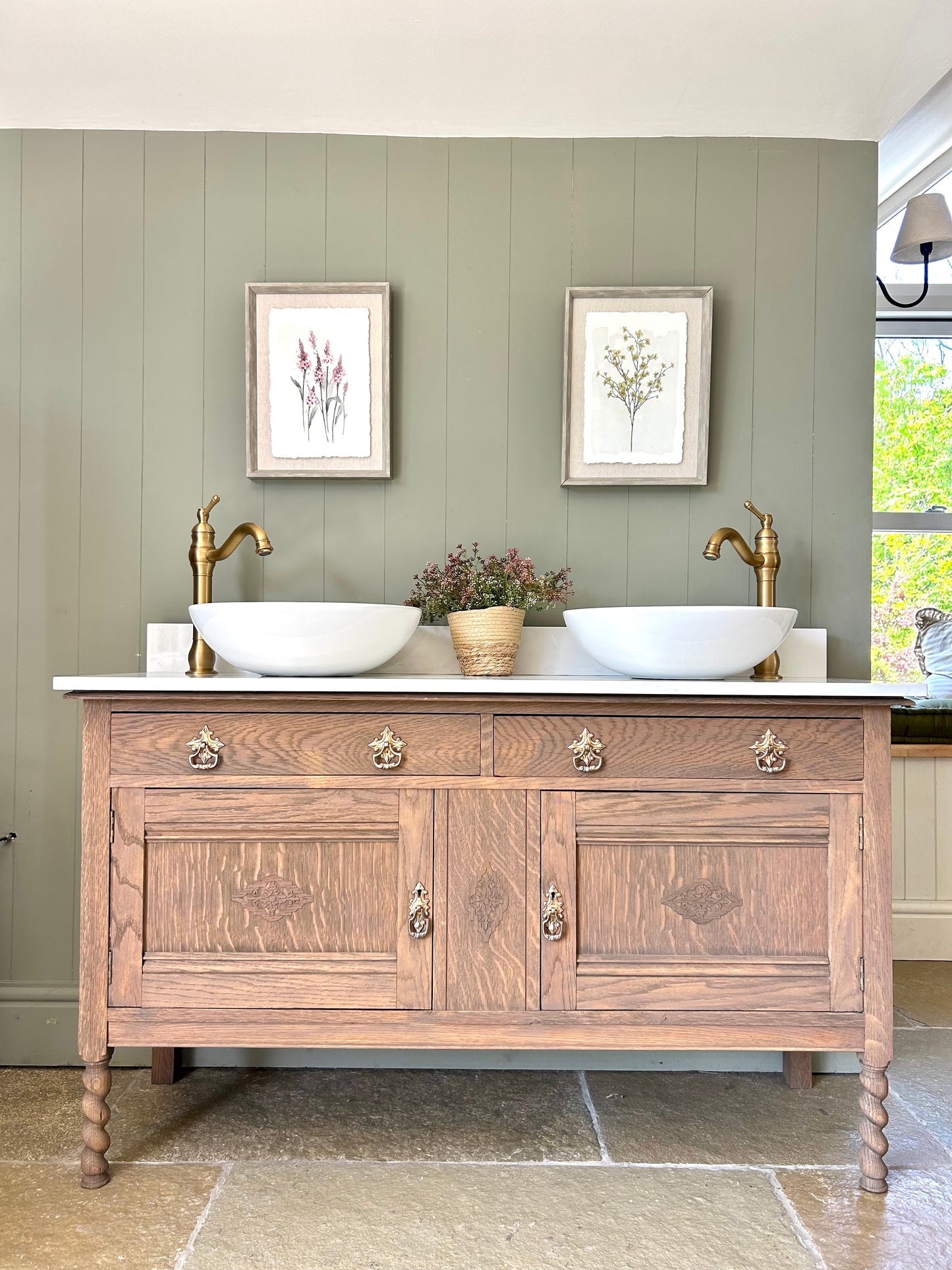 Mid Oak Vintage Double Vanity Sink, Carrara quartz top, two basins and upstand. (139cm wide)