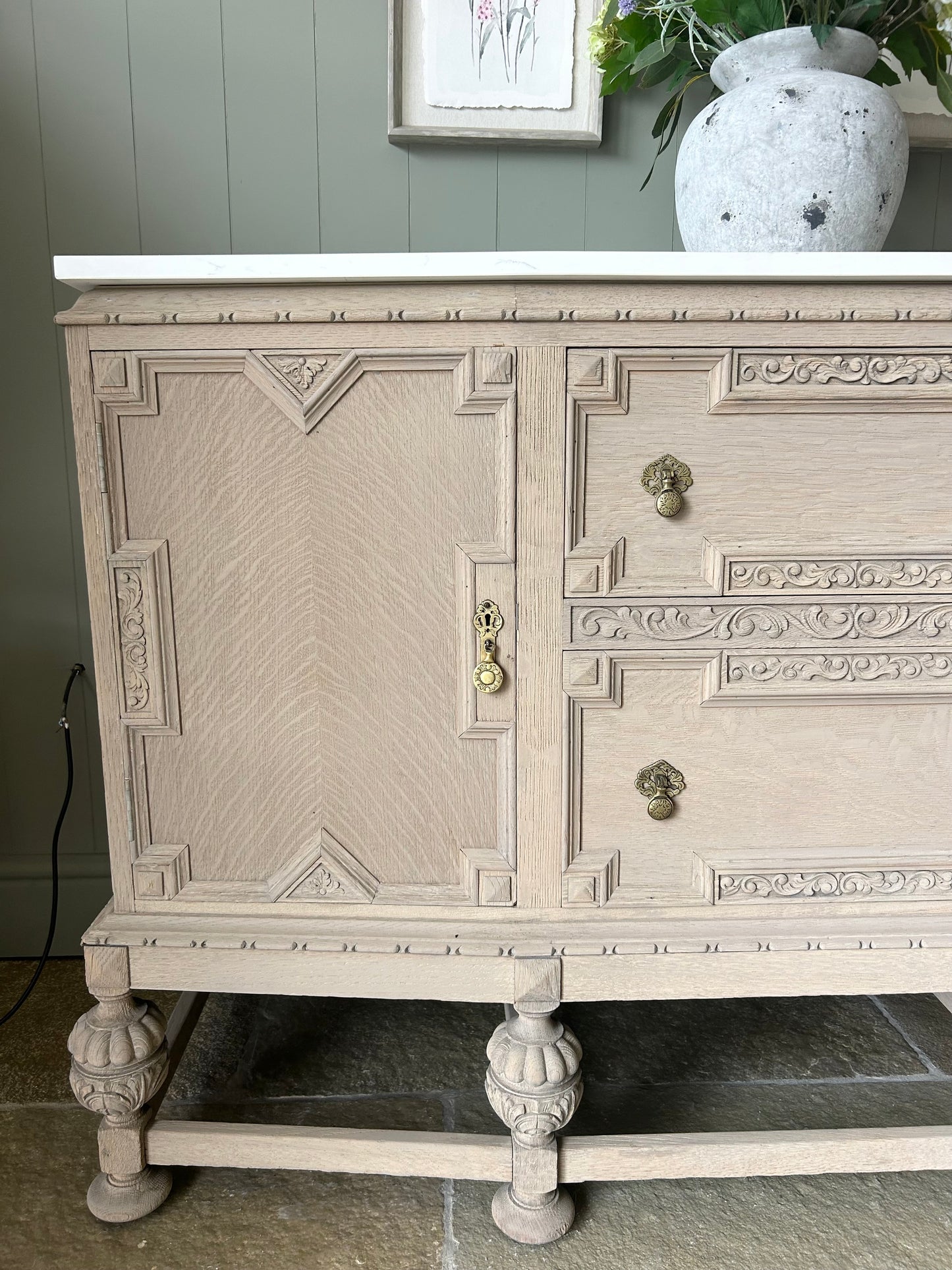 Vintage Rustic Oak Ornate Carved Sideboard with Quartz Top