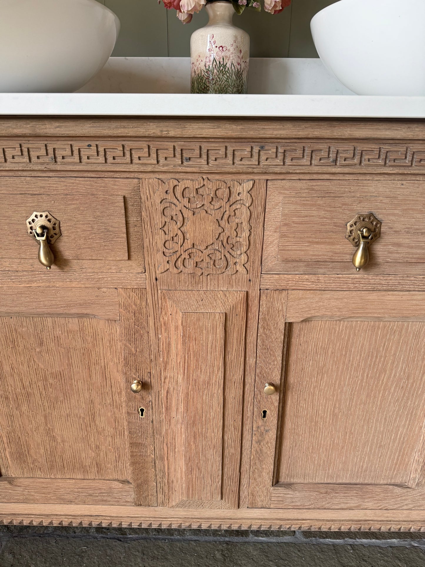 Oak Vanity Sink, Carrara Quartz Top, two basins and Upstand (138cm)