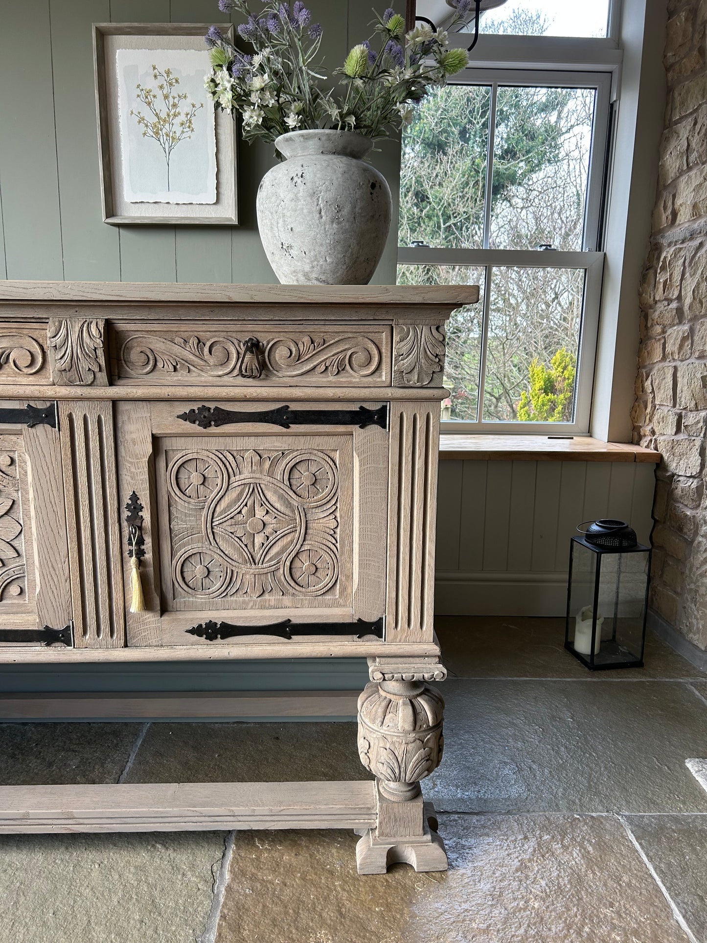 Large Ornate Carved Rustic Antique Sideboard.