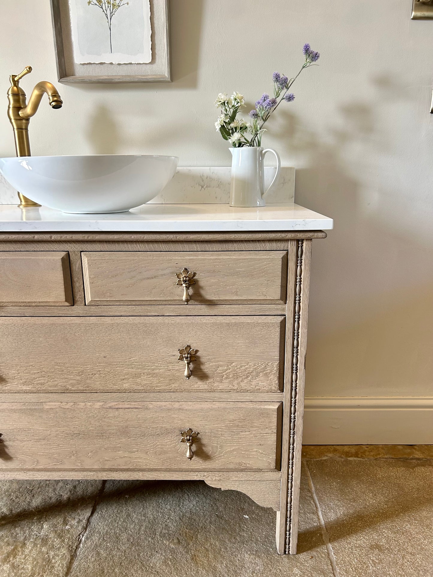 Large Single Vanity Sink finished in a light weathered oak style. Marble/quartz top and Upstand. 100.5 cm wide