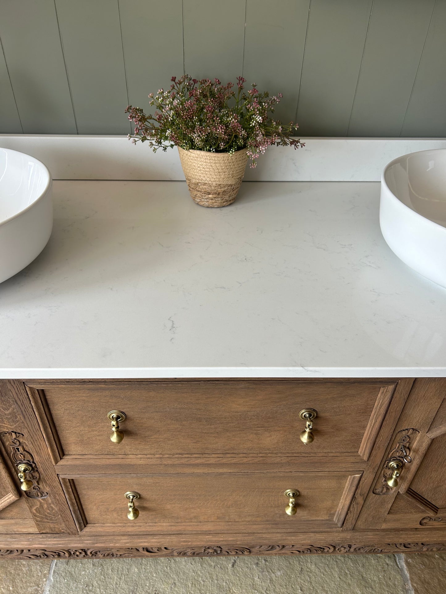 Extra Large Double Vanity Sink. Solid Oak finished in Mid Oak. Carrara Quartz top, Upstand and two basins. (187cm wide)