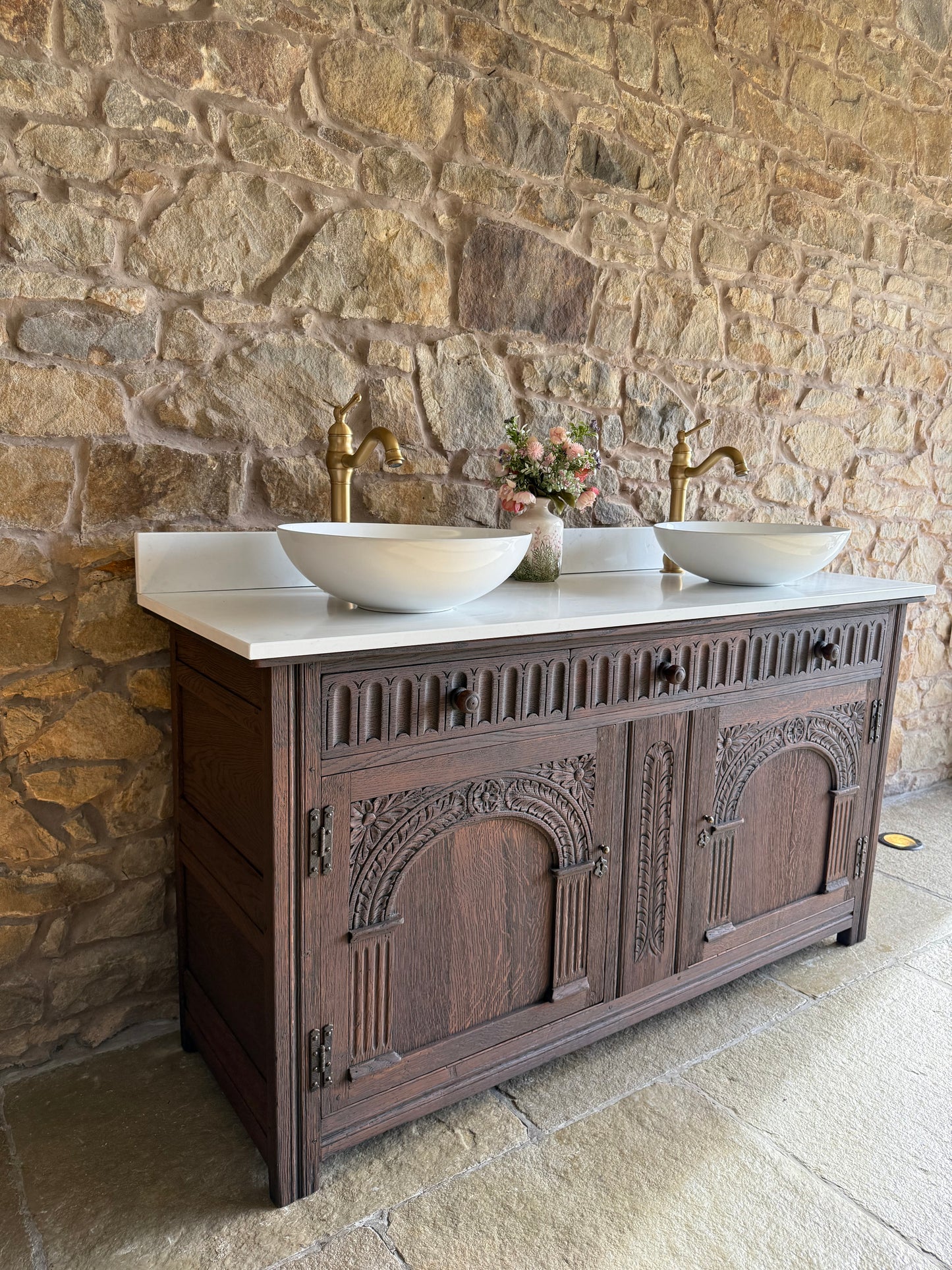 Vintage Vanity Sink Unit in a Classic Dark Oak, Quartz Top, Upstand and Two basins (155cm wide)