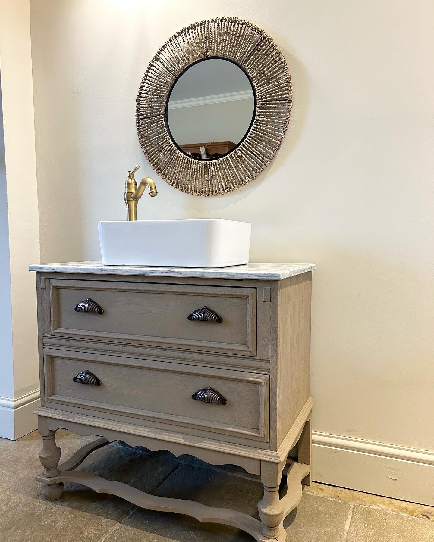 Vintage Marble Topped Vanity Sink finished in a Weathered Oak Style