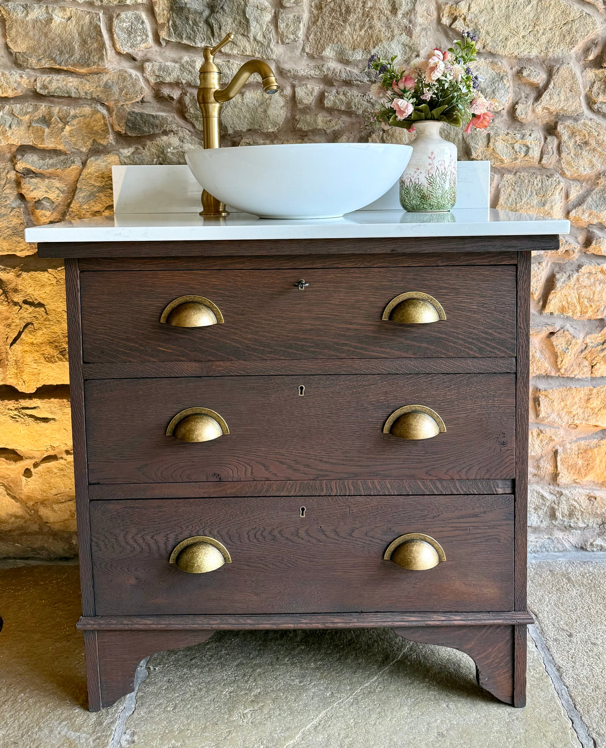 Vintage Solid Oak Vanity Sink Unit, in a Classic Dark Oak, Quartz Top, Upstand and Basin (79cm)