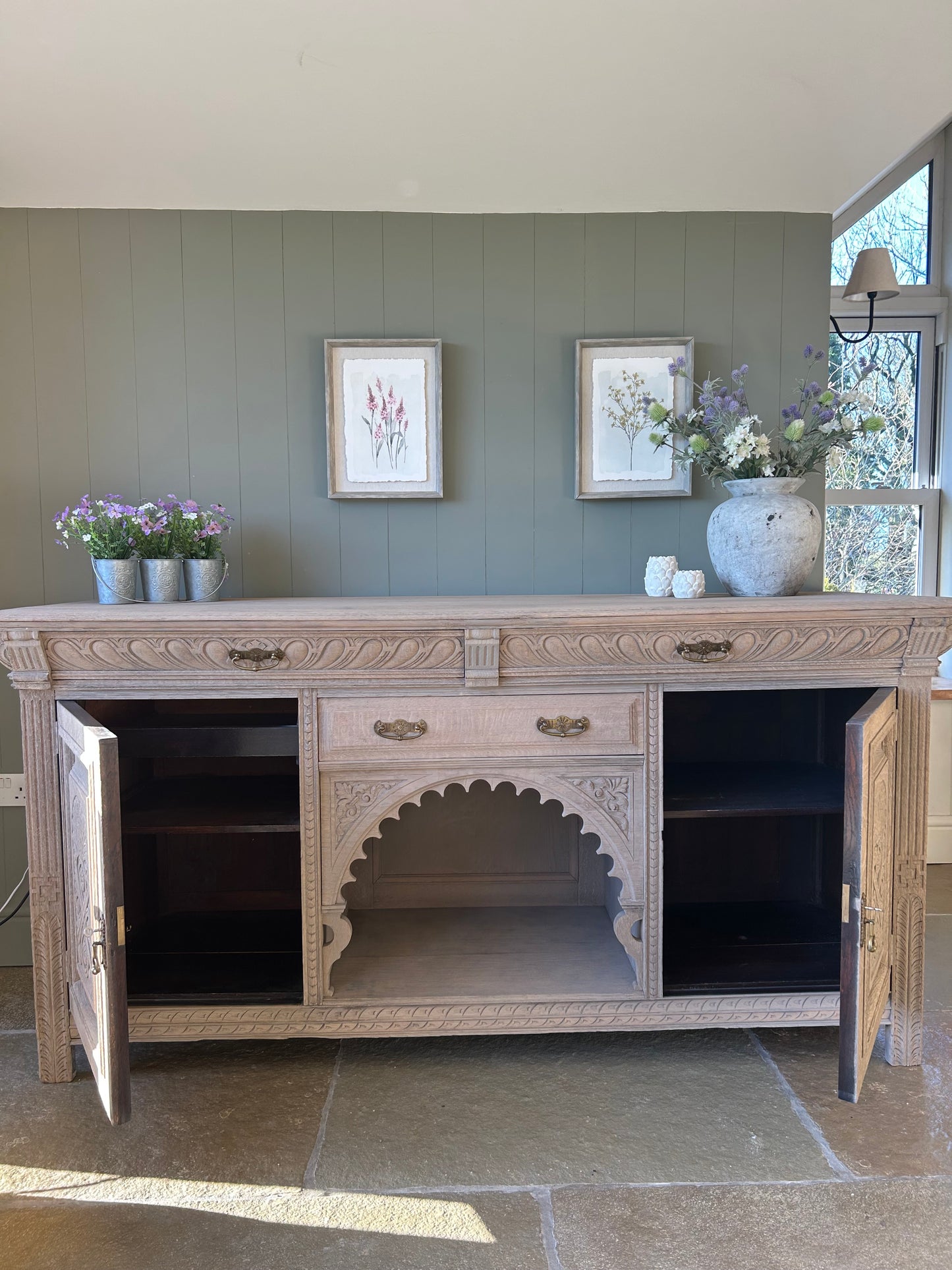 Large Vintage Weathered Oak Sideboard with Ornate Detailing.