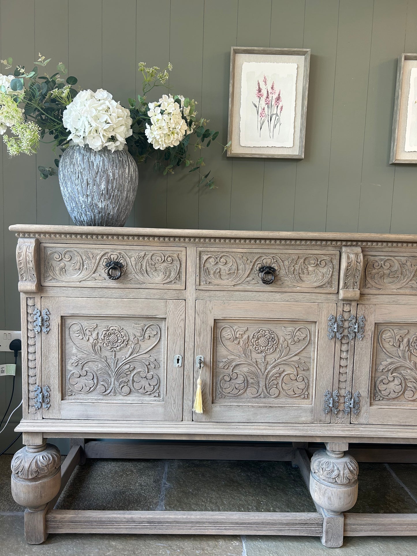 Vintage Carved Weathered Oak Sideboard