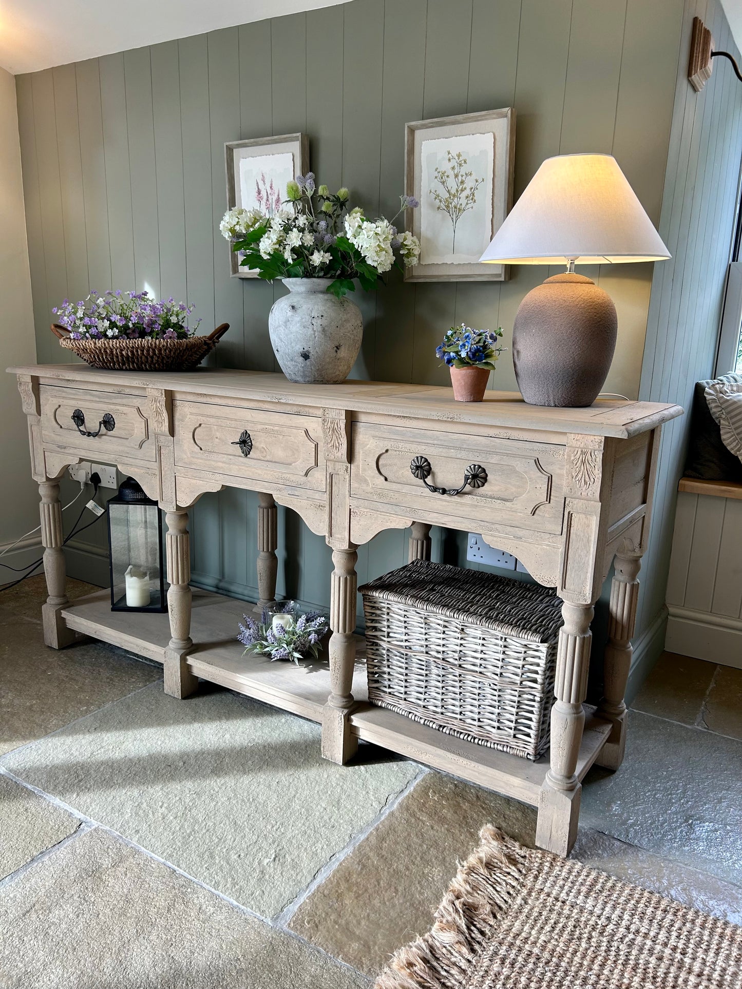 Large rustic Console Table finished in a light weathered oak.