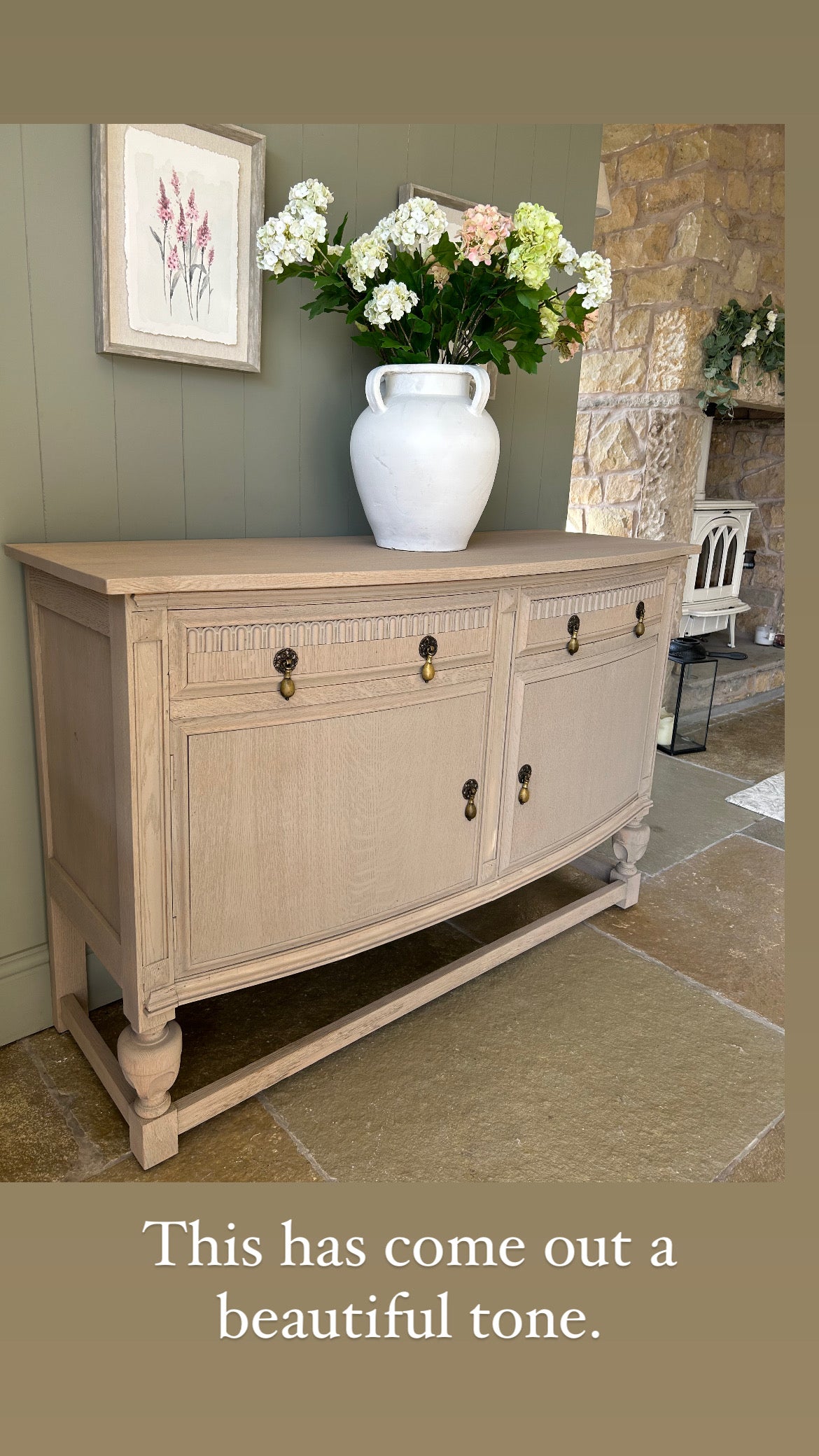 Vintage Bow Fronted sideboard finished in a weathered oak style.