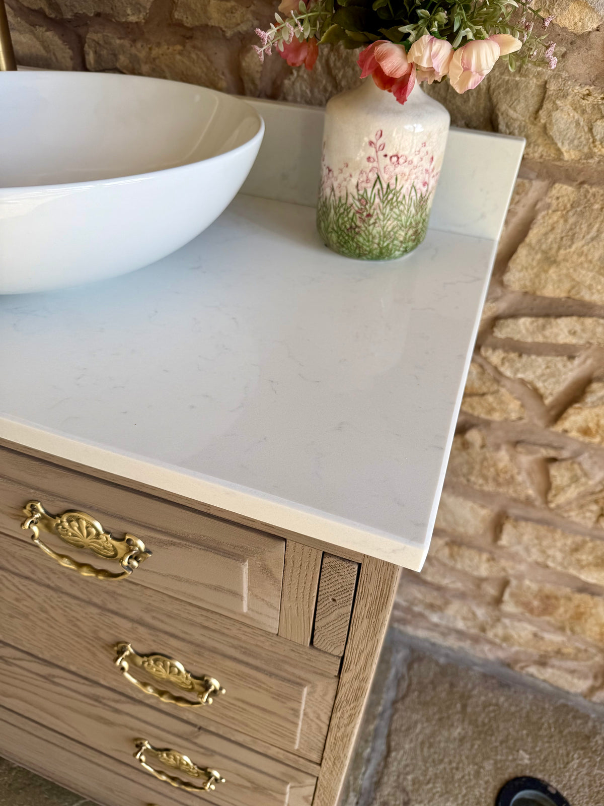 Single Vintage Oak Vanity Unit, Quartz Top, Upstand and Basins (78cm wide)
