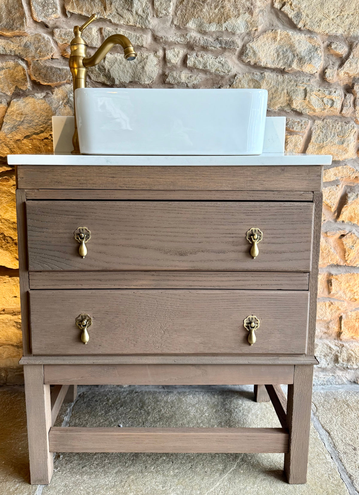 Small Vintage Oak Vanity Sink Unit, Quartz Top, Upstand and Basin (66cm wide)
