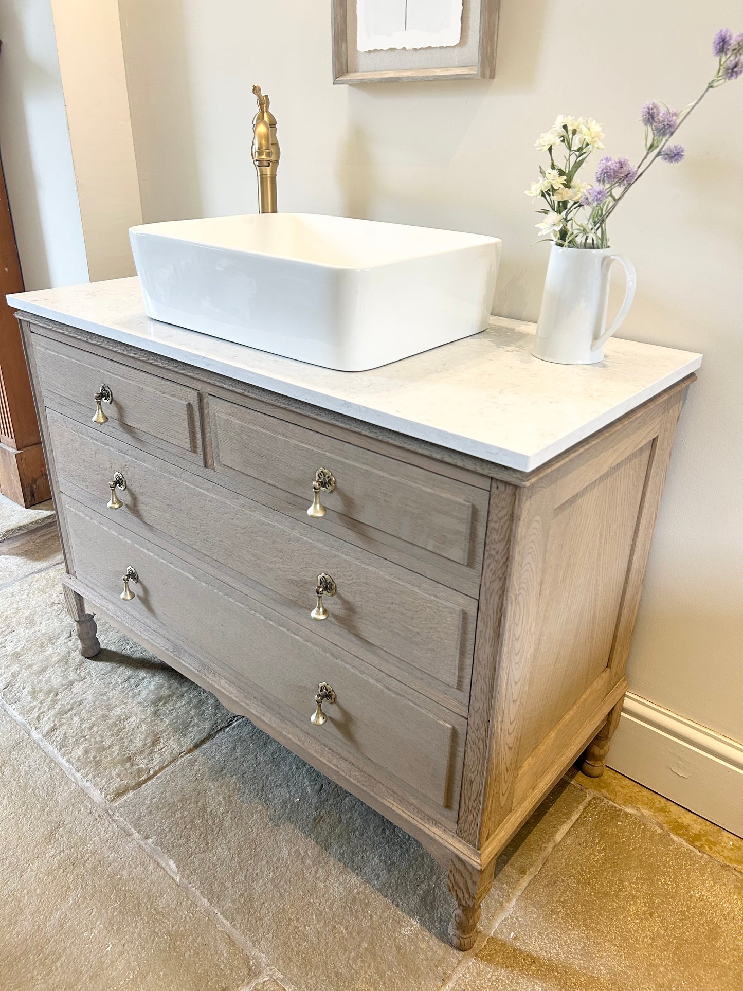 Large vintage Single Marble Quartz top vanity sink