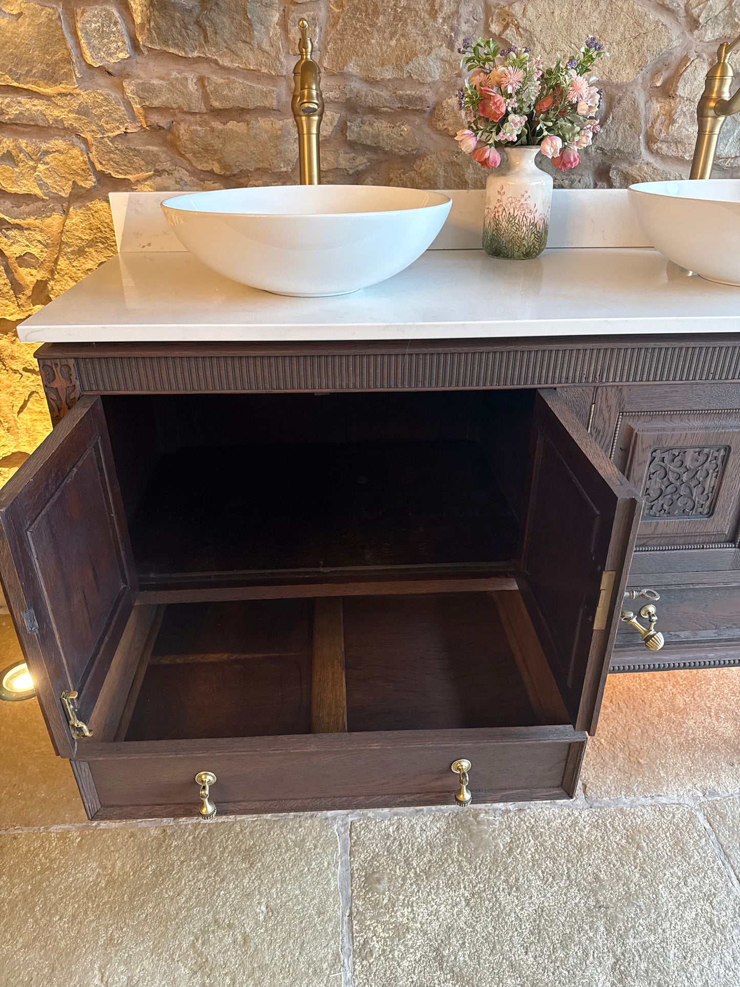 Solid Oak Double Vanity Unit in a Classic Dark Oak (138cm wide)