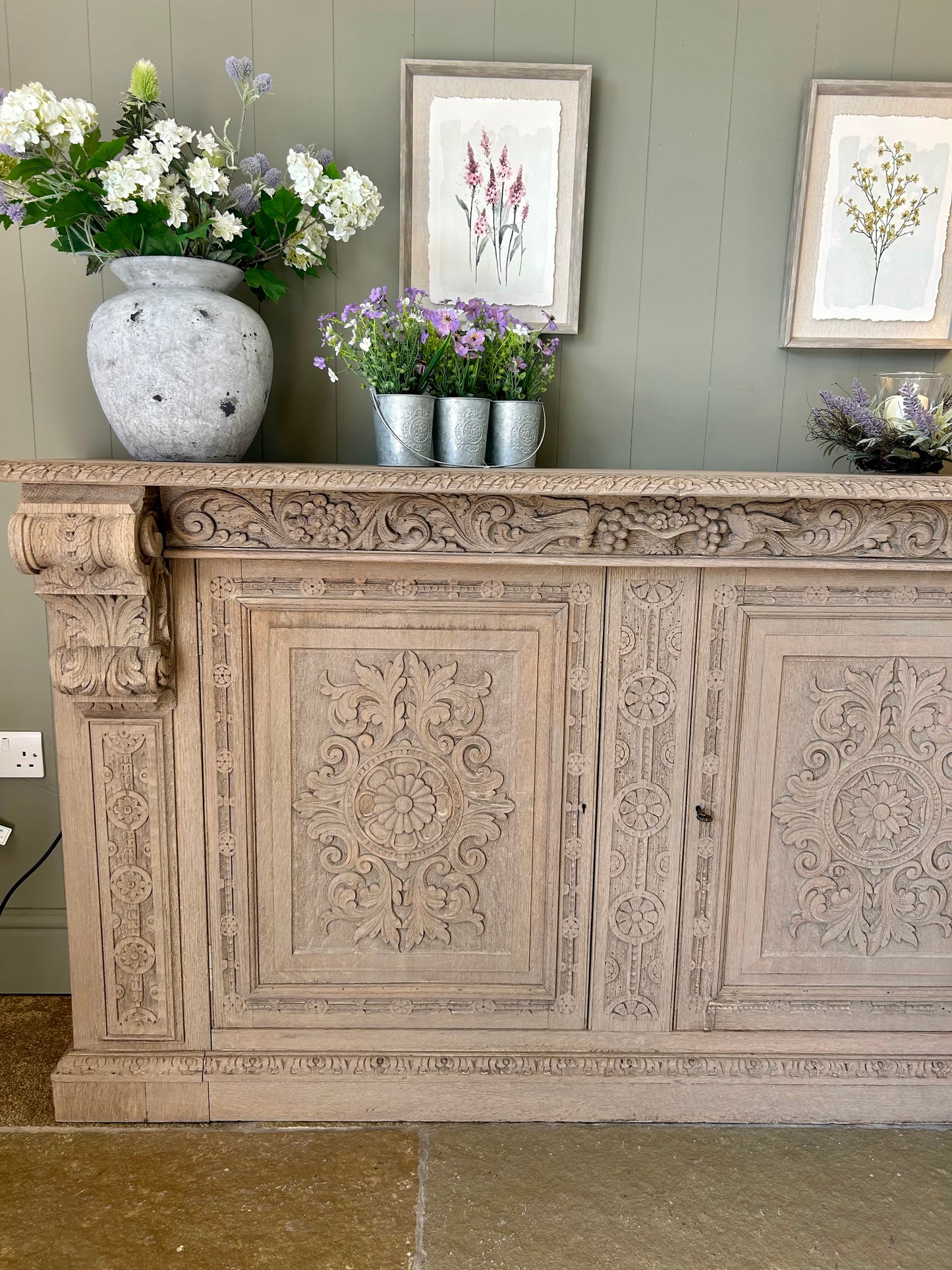 Ornate antique Sideboard Console Solid Oak finished in a light weathered oak style.