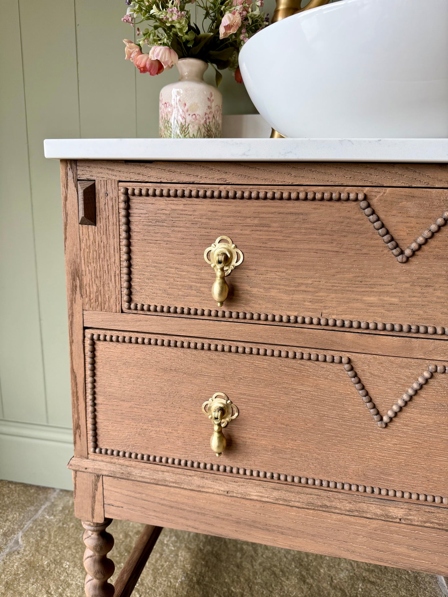Single Oak Vanity, Carrara Quartz top, basin and Upstand. (78cm wide)