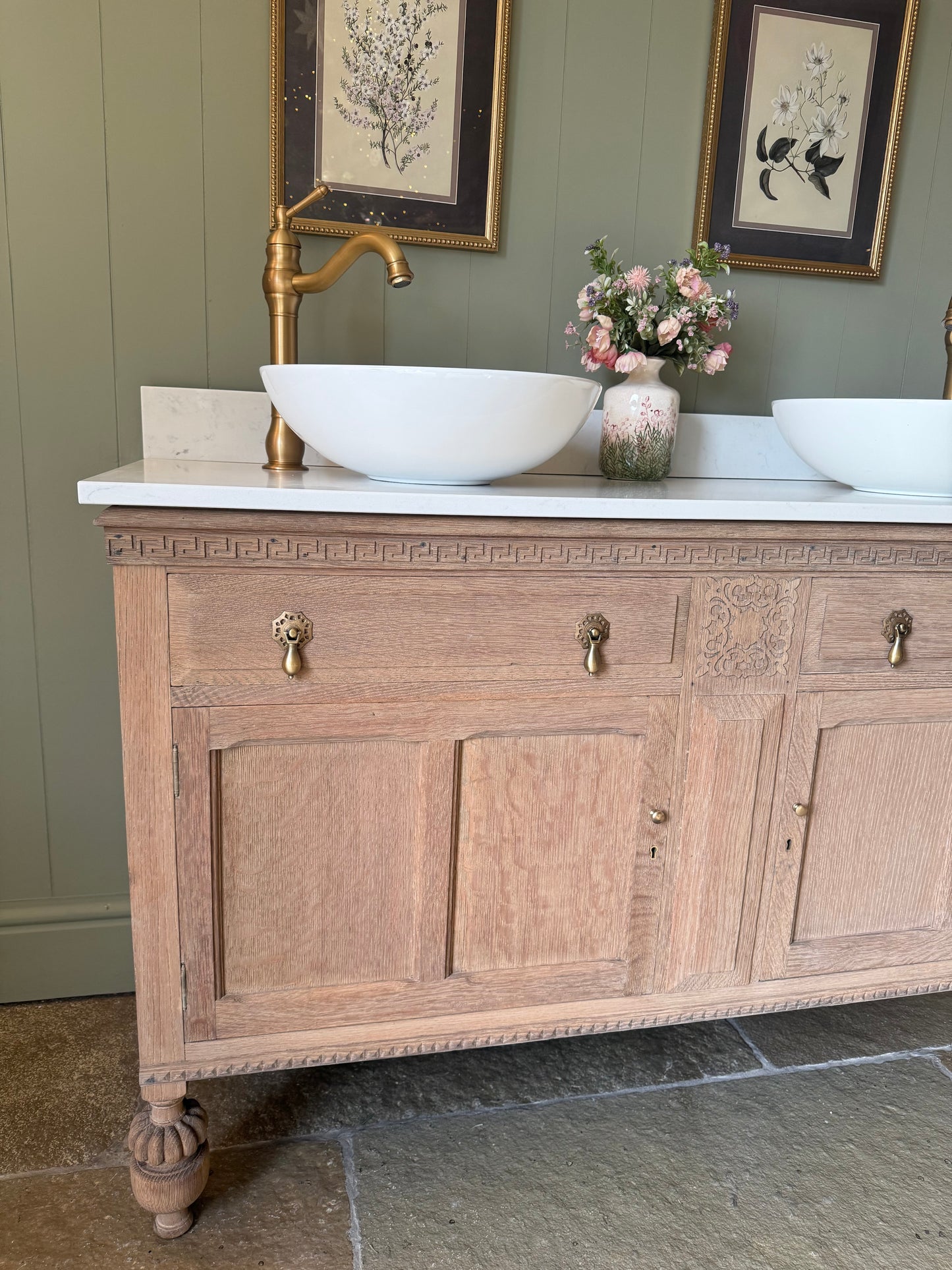 Oak Vanity Sink, Carrara Quartz Top, two basins and Upstand (138cm)
