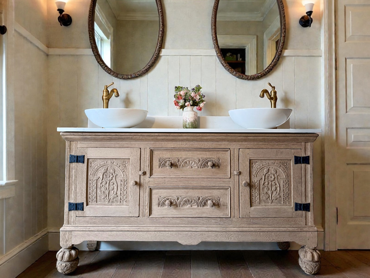 Vintage Solid Oak Double Vanity Sink Unit, Quartz Top, Upstand and two basins