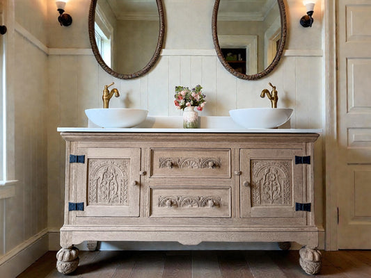 Vintage Solid Oak Double Vanity Sink Unit, Quartz Top, Upstand and two basins