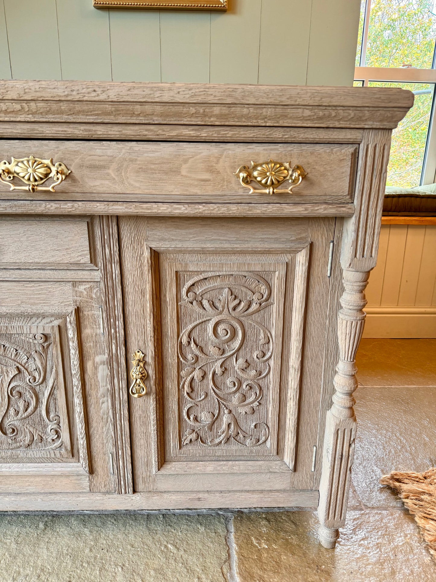 Antique Rustic Medium Sized Oak Sideboard with pretty carved detailing. (153cm wide)