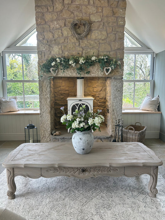 Large Solid Oak Coffee Table with carved detailing.