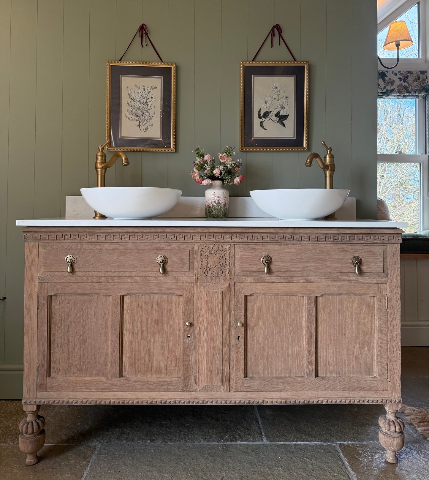 Oak Vanity Sink, Carrara Quartz Top, two basins and Upstand (138cm)