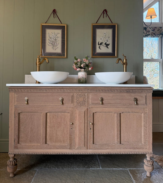 Oak Vanity Sink, Carrara Quartz Top, two basins and Upstand (138cm)