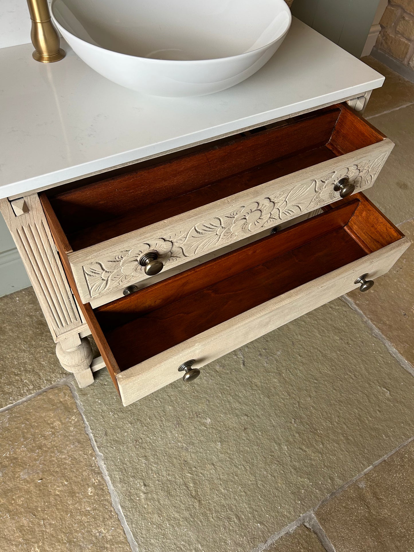 Vintage Oak Vanity Sink with quartz top, basin and Upstand 77cm wide
