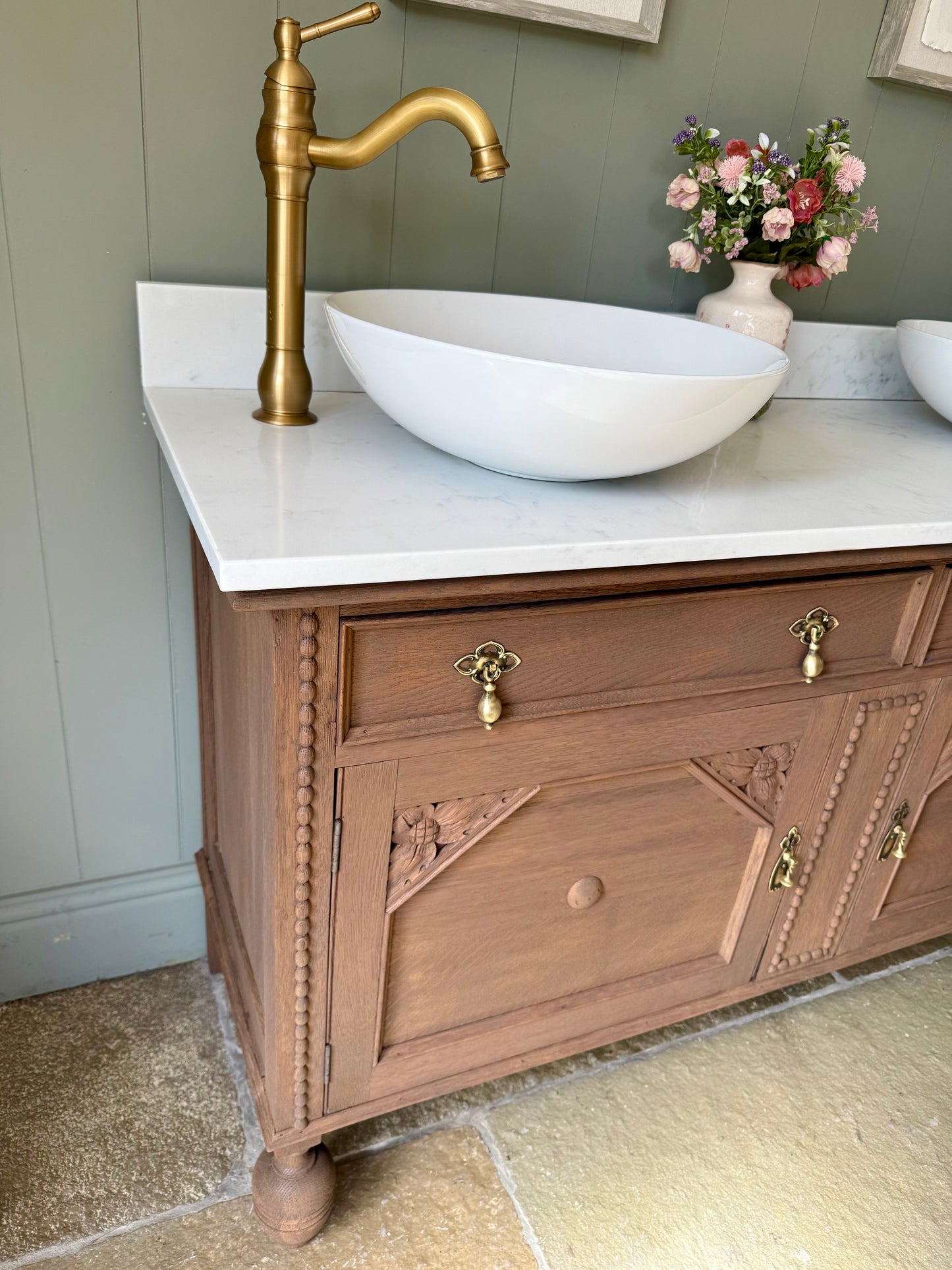 Beautiful Vintage  Double Vanity, Solid Oak, Carrara Quartz top, Upstand and Two basins.(139cm wide)