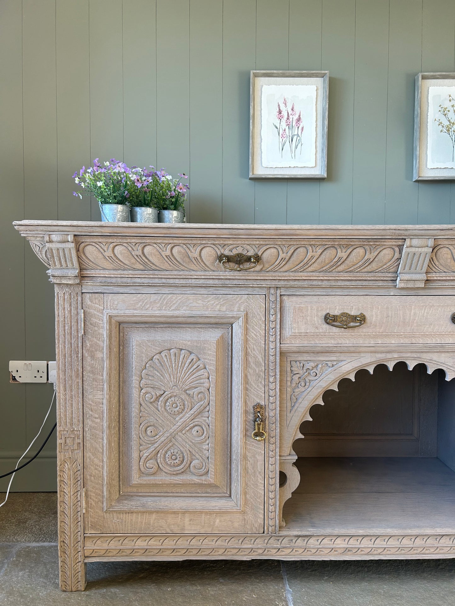 Large Vintage Weathered Oak Sideboard with Ornate Detailing.