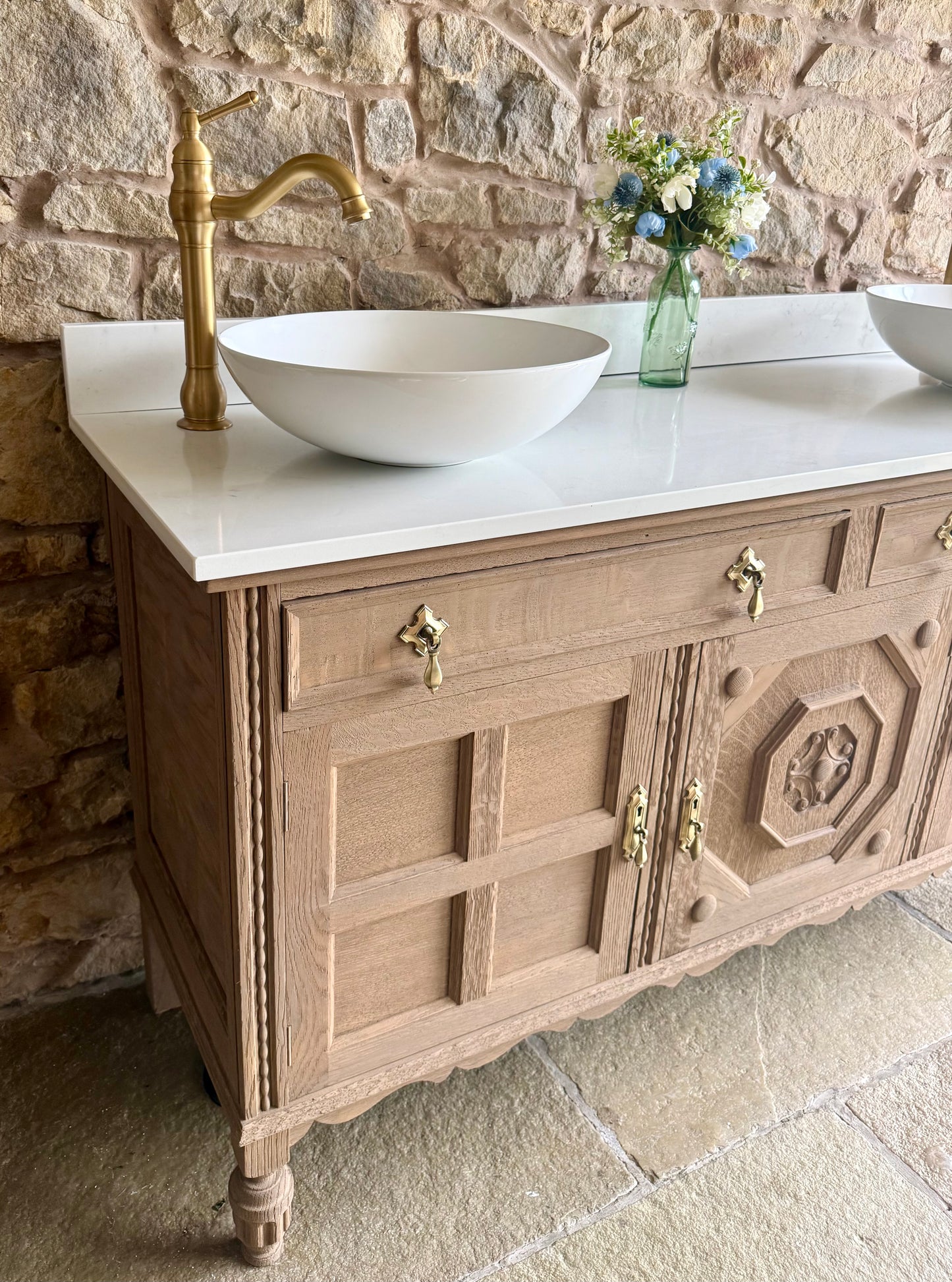 Large Vintage Oak Double Vanity Sink, Quartz Top, Upstand and two basins. (155cm wide)