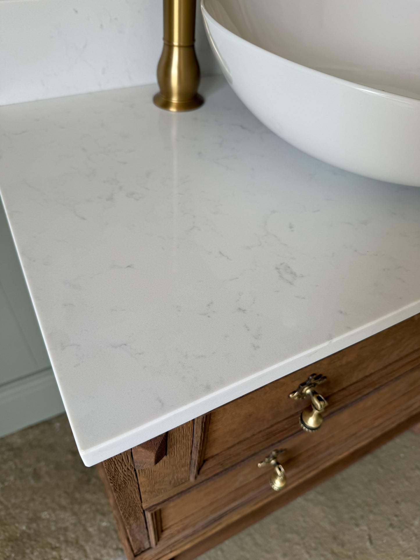 Antique Solid Oak Single Vanity Sink, Carrara Quartz top, Upstand and basin. (77cm wide)