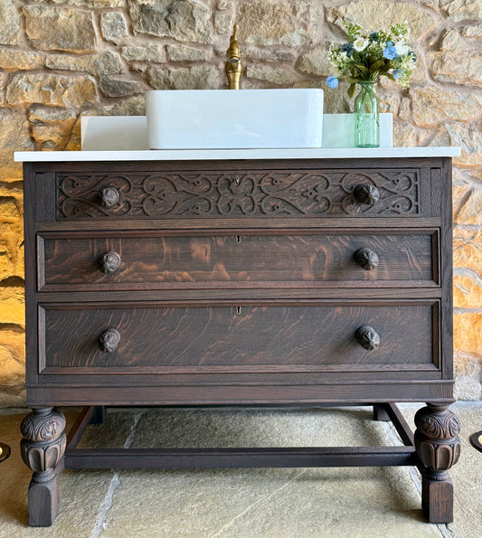 Vintage Classic Dark Oak Vanity Sink Unit, Quartz Top, Upstand and basin.