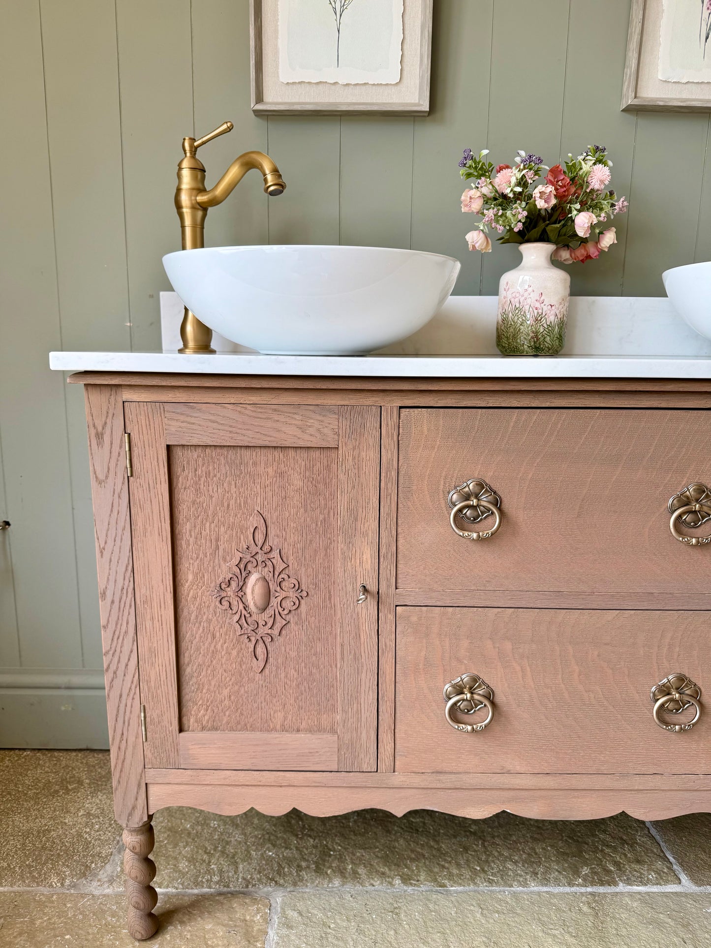 Double Vanity Sink in Mid Oak, Carrara Quartz top, Upstand and two basins (124cm wide)