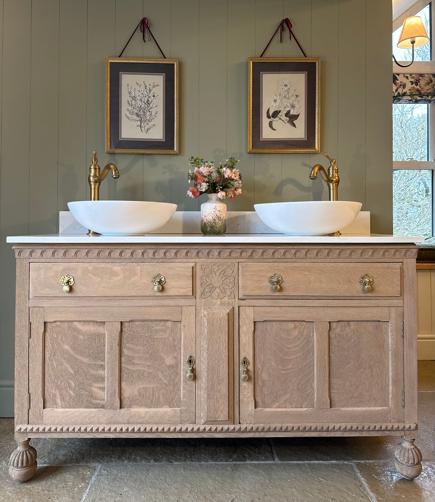 Vintage Oak Double Vanity Sink, Quartz top, Upstand and two basins. (139cm wide)
