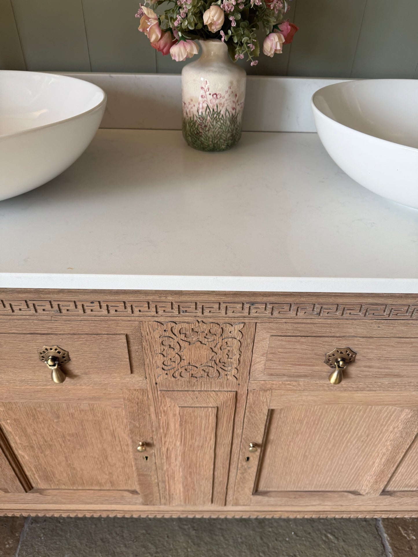 Oak Vanity Sink, Carrara Quartz Top, two basins and Upstand (138cm)