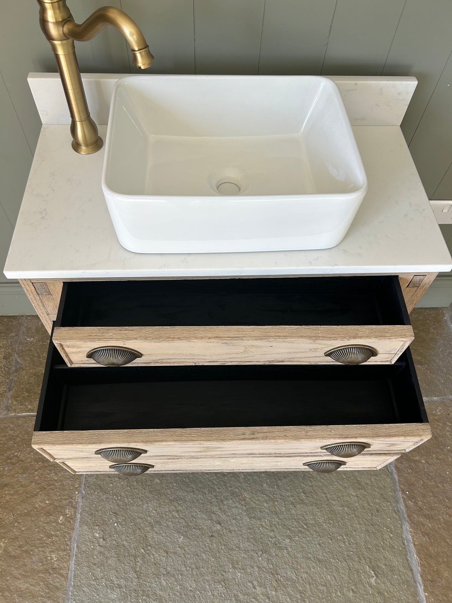 Small vintage  Quartz topped vanity sink in a light weathered Oak. 76cm wide