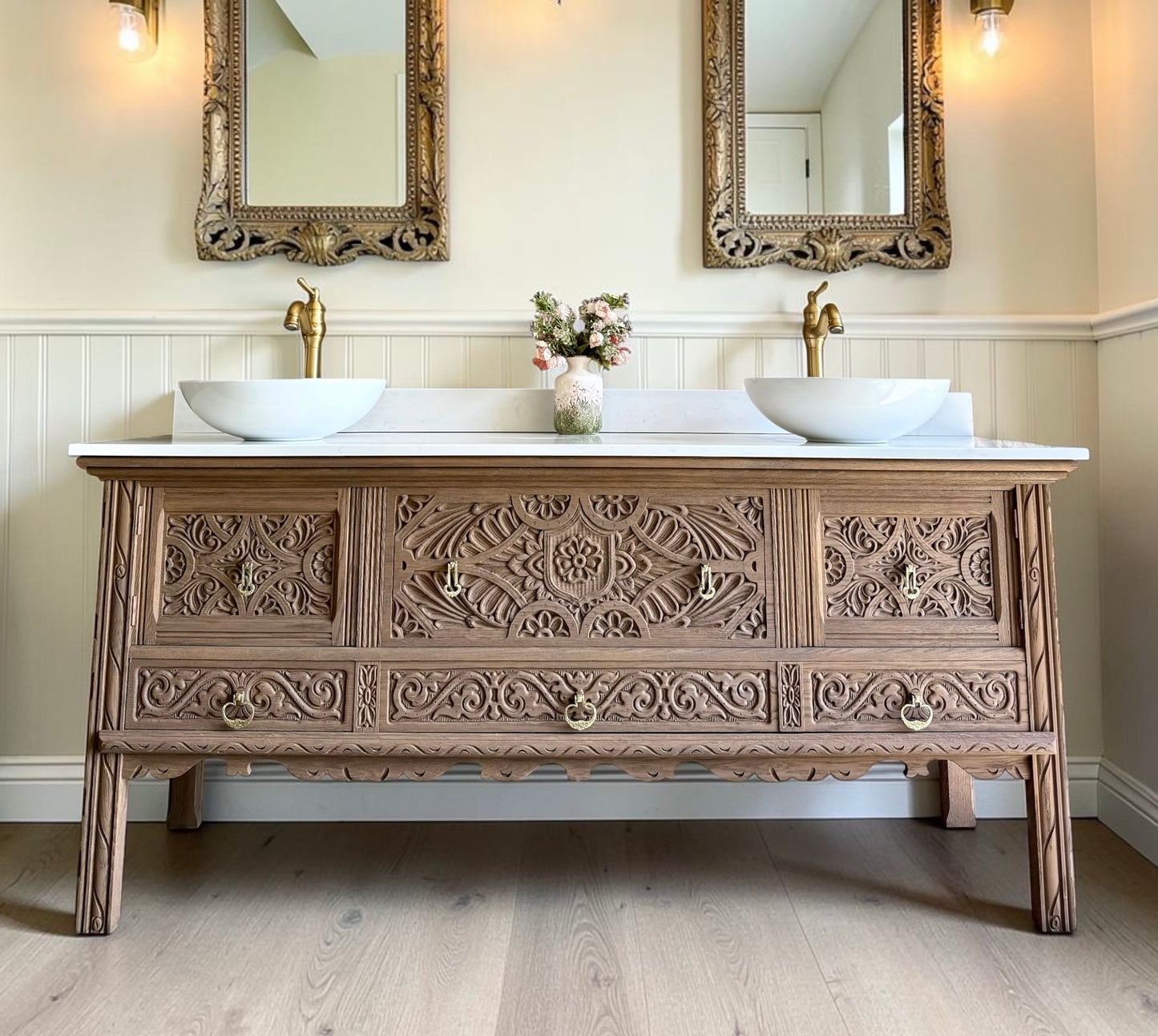 Large Ornate Warm Oak Vintage Vanity Sink Unit, Carrara Quartz Worktop, Upstand and Two Basins (185cm wide)