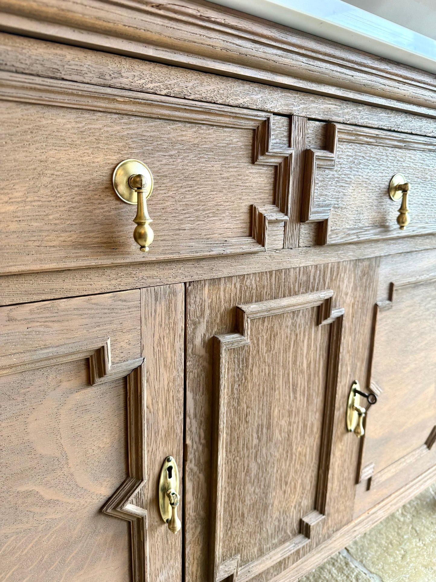 Vintage Solid Oak Double Vanity Sink Unit in a Warm Oak. Carrara Quartz Top, Upstand and Two Basins
