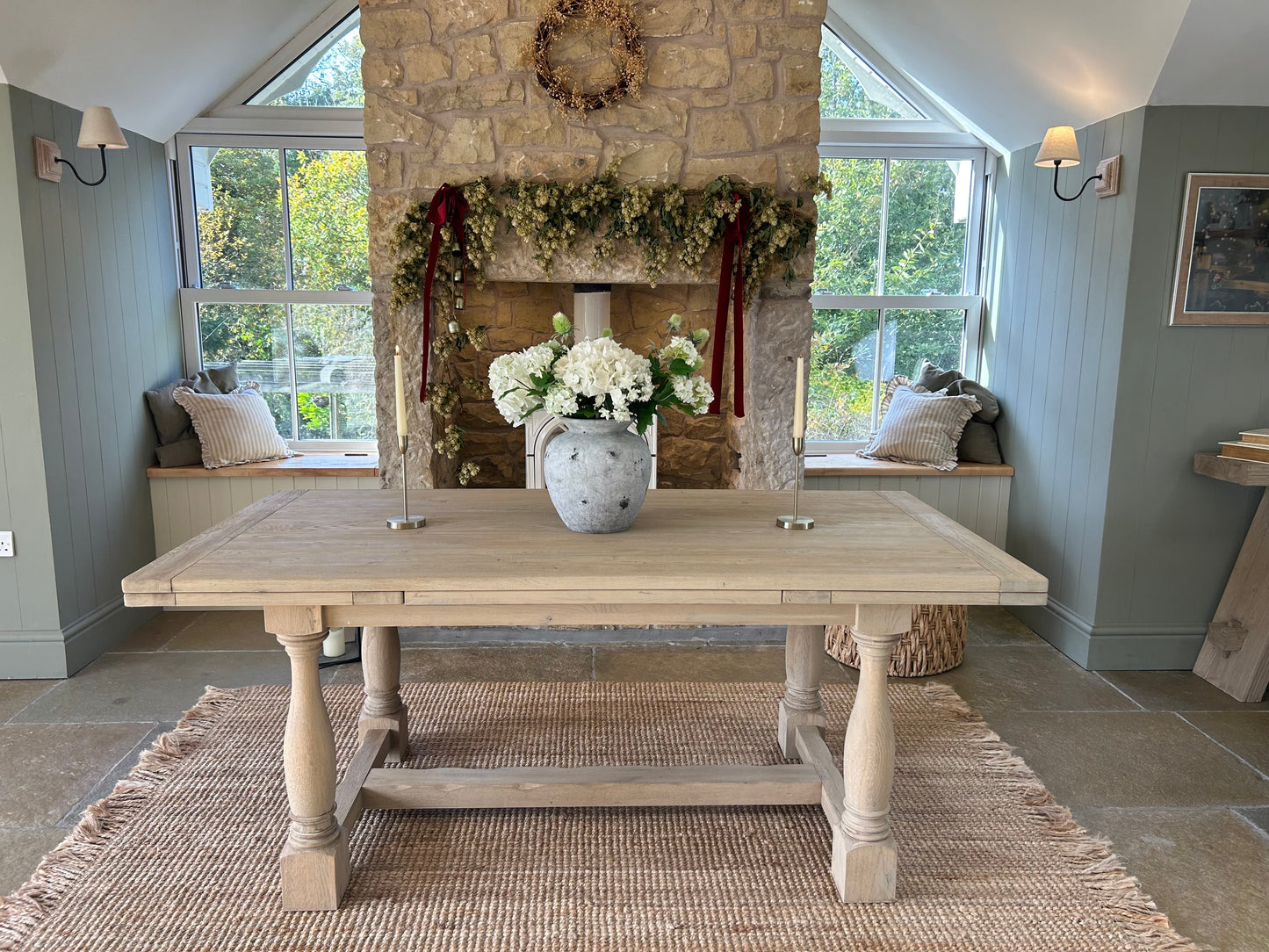 Large Extending Solid Oak Dining table refinished in a light weathered oak. (183cm-290cm)