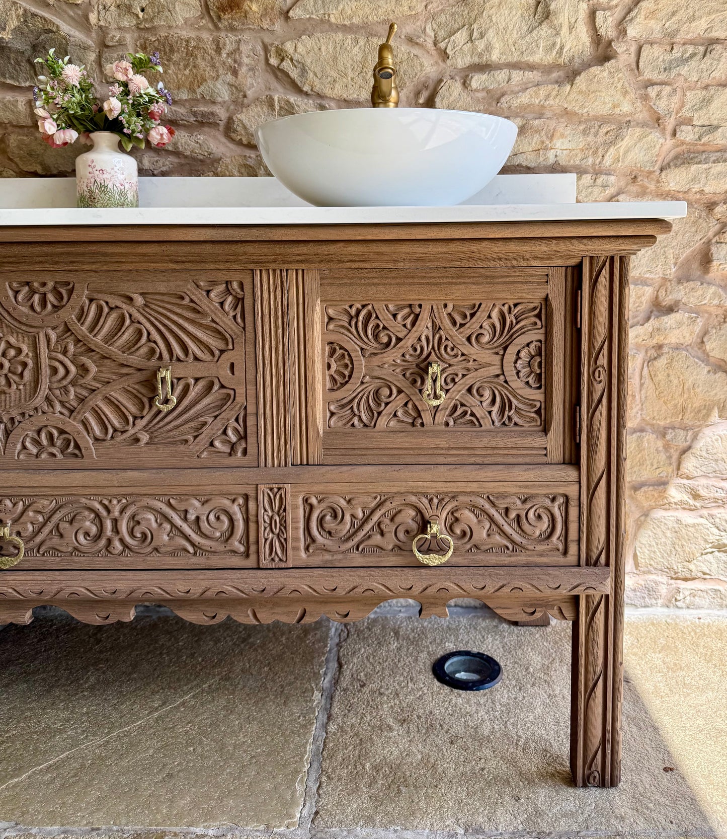 Large Ornate Warm Oak Vintage Vanity Sink Unit, Carrara Quartz Worktop, Upstand and Two Basins (185cm wide)