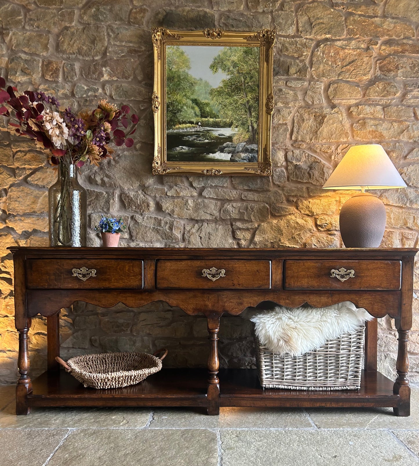 Antique Rustic Dark Solid Oak console table